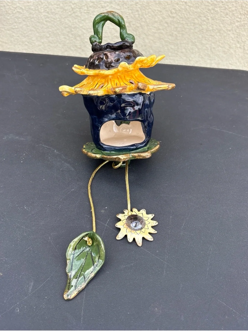 Blue Sky Yellow Sunflower Ceramic Lantern with Green Accents